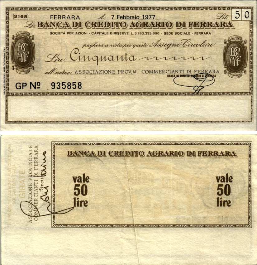 Италия 50 лир 1977 7 февраля 1977 Banca Di credito agrario Di ferrara бумага 7222-72-2-1