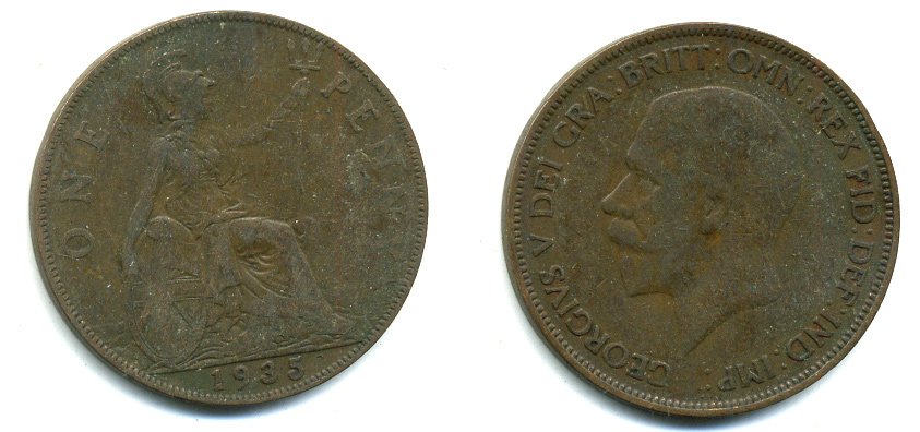 Великобритания 1 пенни 1935 Георг V (1910-1936) КМ 838, Spink 4055 бронза 41-1216