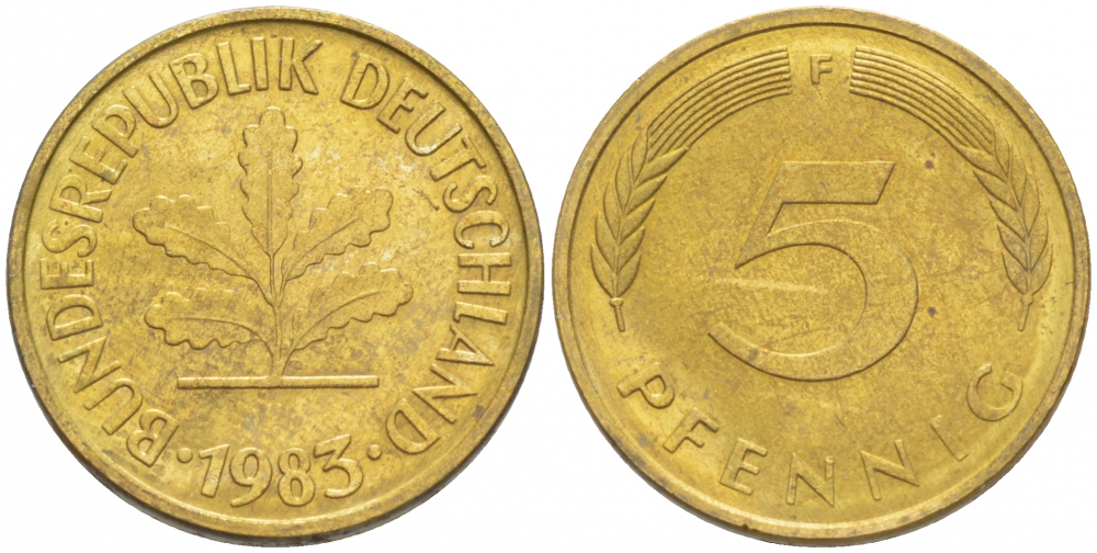 ФРГ 5 ПФЕННИГОВ 1983 F KM 107, J. 382 сталь плакированная латунью 3996-1158