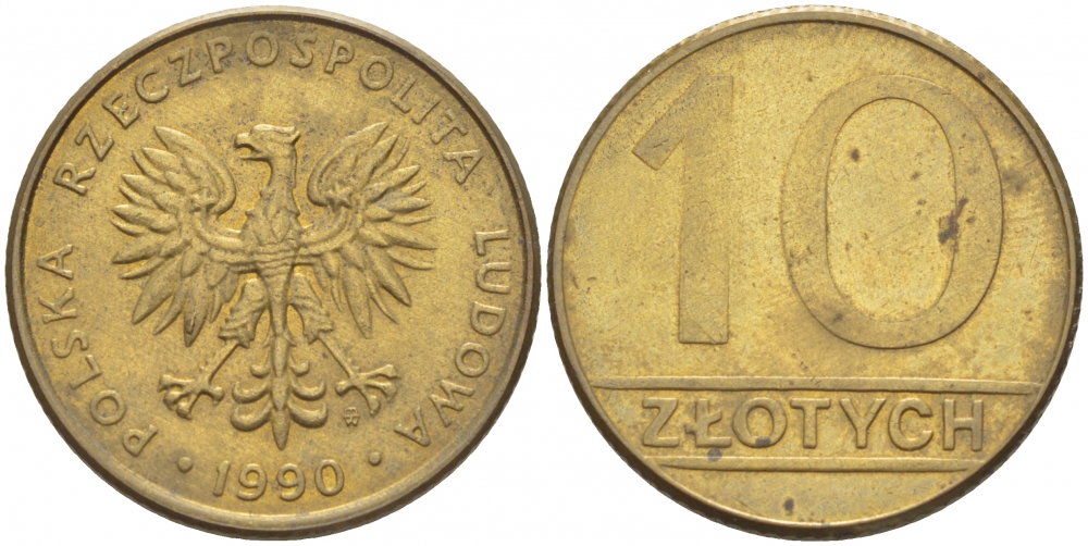 Польша 10 злотых 1990 MW, Народная Республика KM 152.2, Parchimowicz 244b латунь 4519-1023