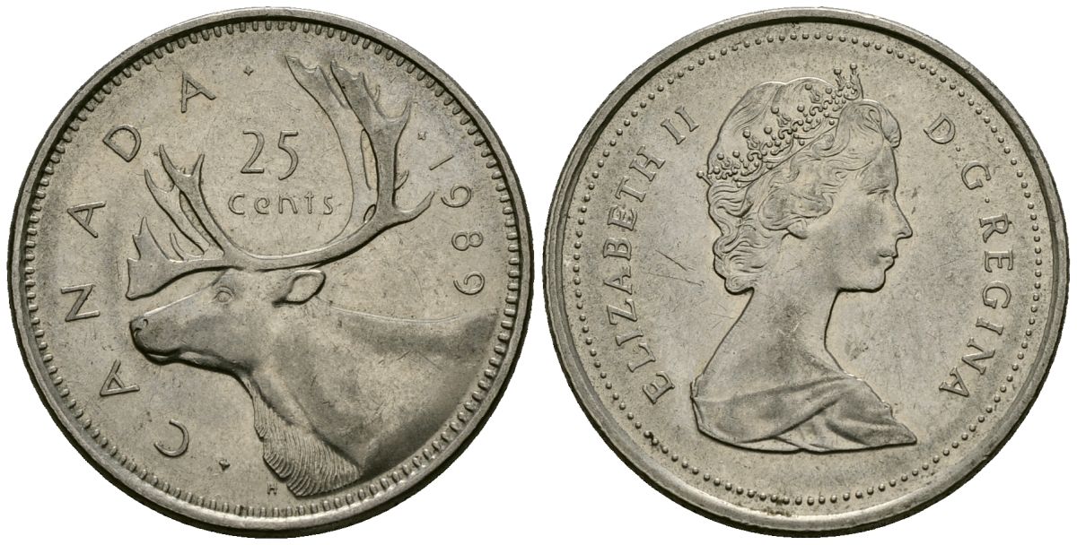 Канада 25 центов 1989 Елизавета II (1953-), олень KM 74 медно-никель 4167-933