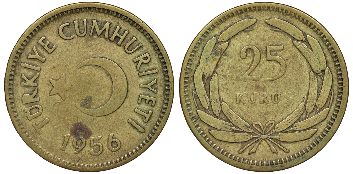 ТУРЦИЯ 25 КУРУШЕЙ 1956 KM 886 латунь 62-415