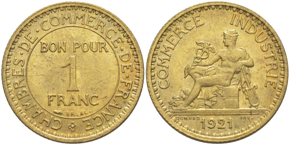 ФРАНЦИЯ 1 ФРАНК 1921 ТИП CHAMBRES DE COMMERCE KM 876, LE FRANC 218.3 алюминиевая бронза 3853-143