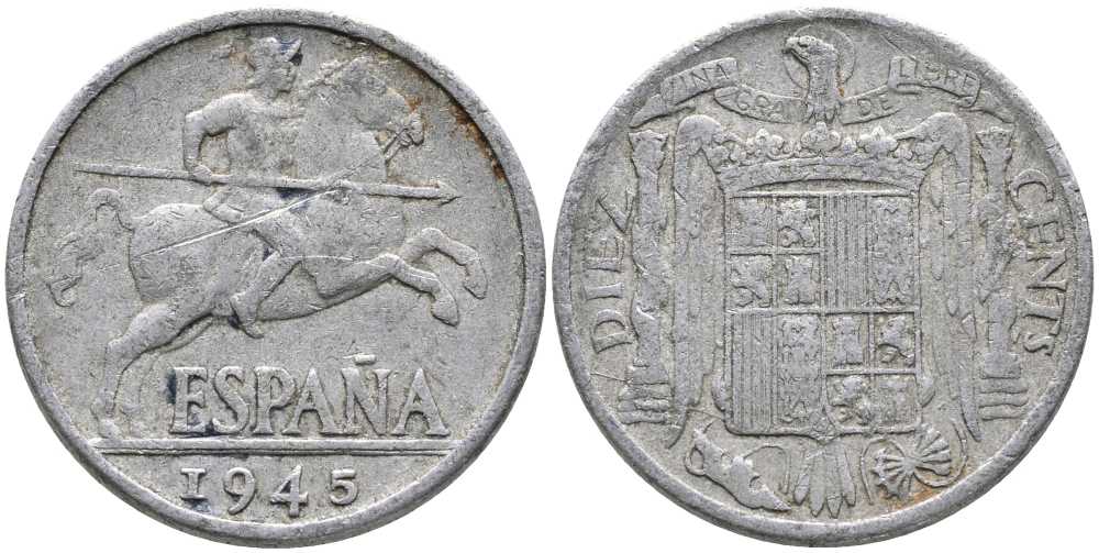ИСПАНИЯ 10 СЕНТИМО 1945 РЫЦАРЬ НА КОНЕ KM 766 алюминий 110-924