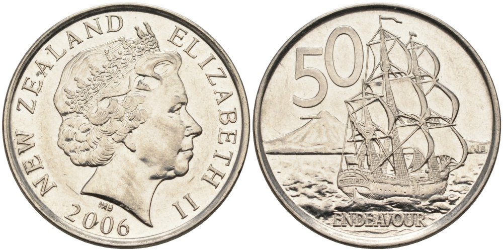 Новая Зеландия 50 центов 2006 Елизавета II (1952-2022), парусник Индевор KM 119а никелированная сталь 4579-1033