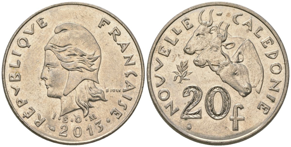Французская Новая Каледония 20 франков 2013 три быка, (IEOM) KM 12a, Schoen 14a медно-никель 4137-435