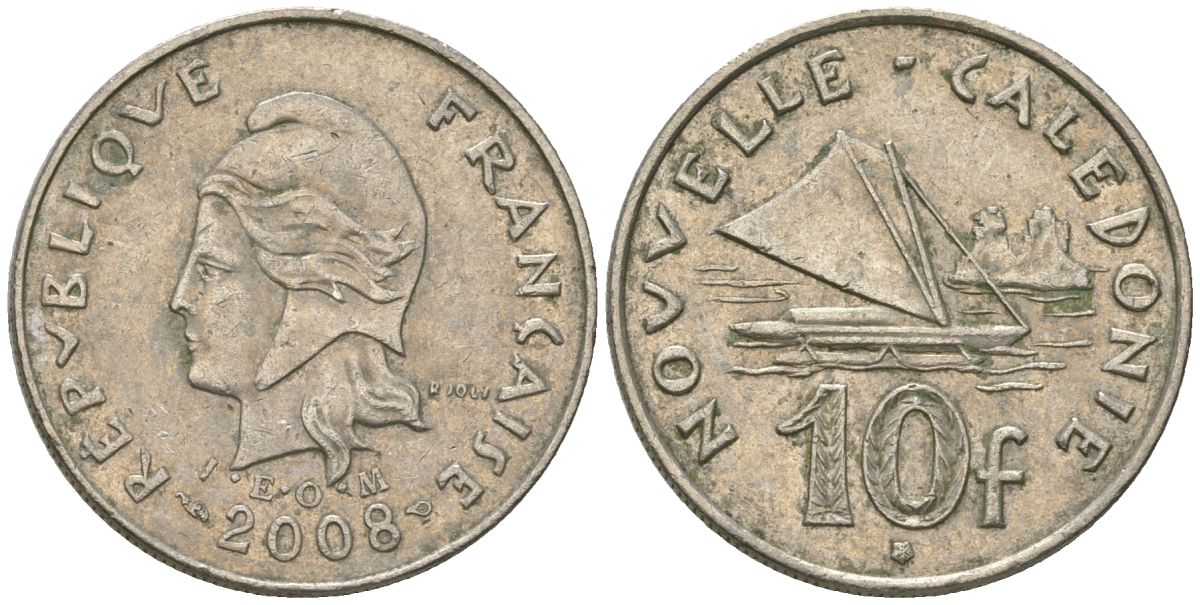 Французская Новая Каледония 10 франков 2008 рыбачья парусная лодка, (IEOM) KM 11a, Schoen 13a, Lec 99k медно-никель 60-716