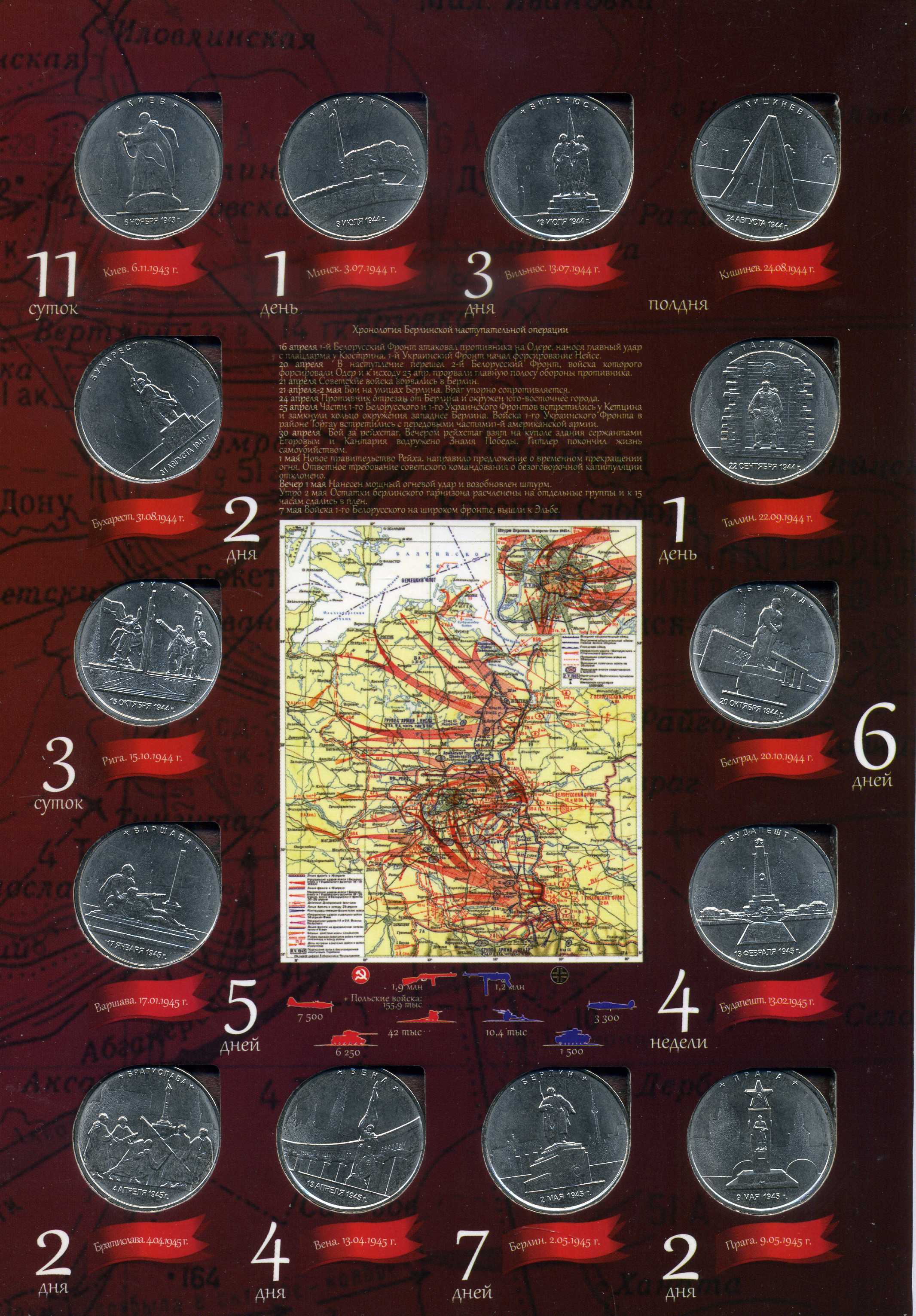 Россия альбом "70 лет победы"  2015 с 40 монетами с номиналом в 5 рублей (37 монет) и 10 рублей (3 монеты)  медно-никель и биметалл UNC 4-3-5-05