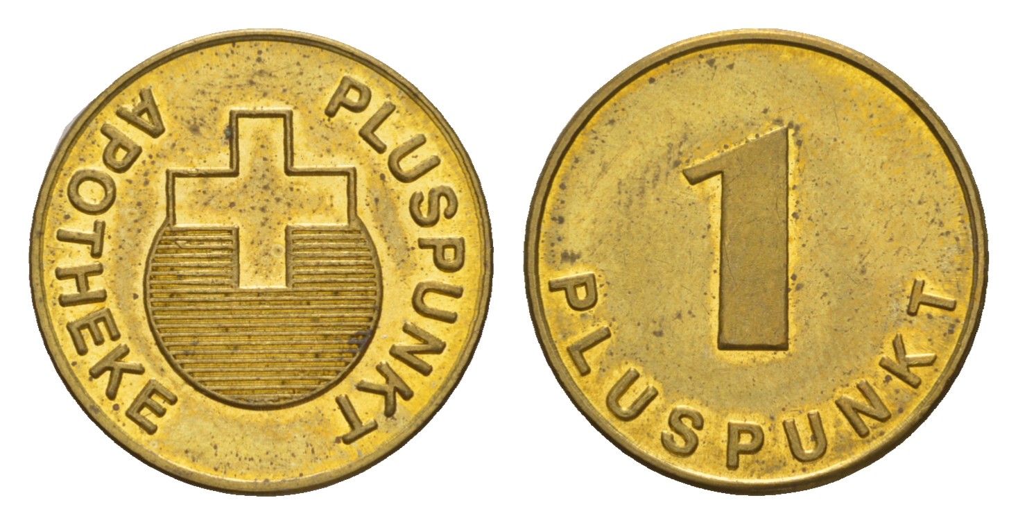 Германия аптечный жетон в 1 Pluspunkt диаметр 18 мм, вес 2,6 гр сталь плакированная латунью UNC 4655-716