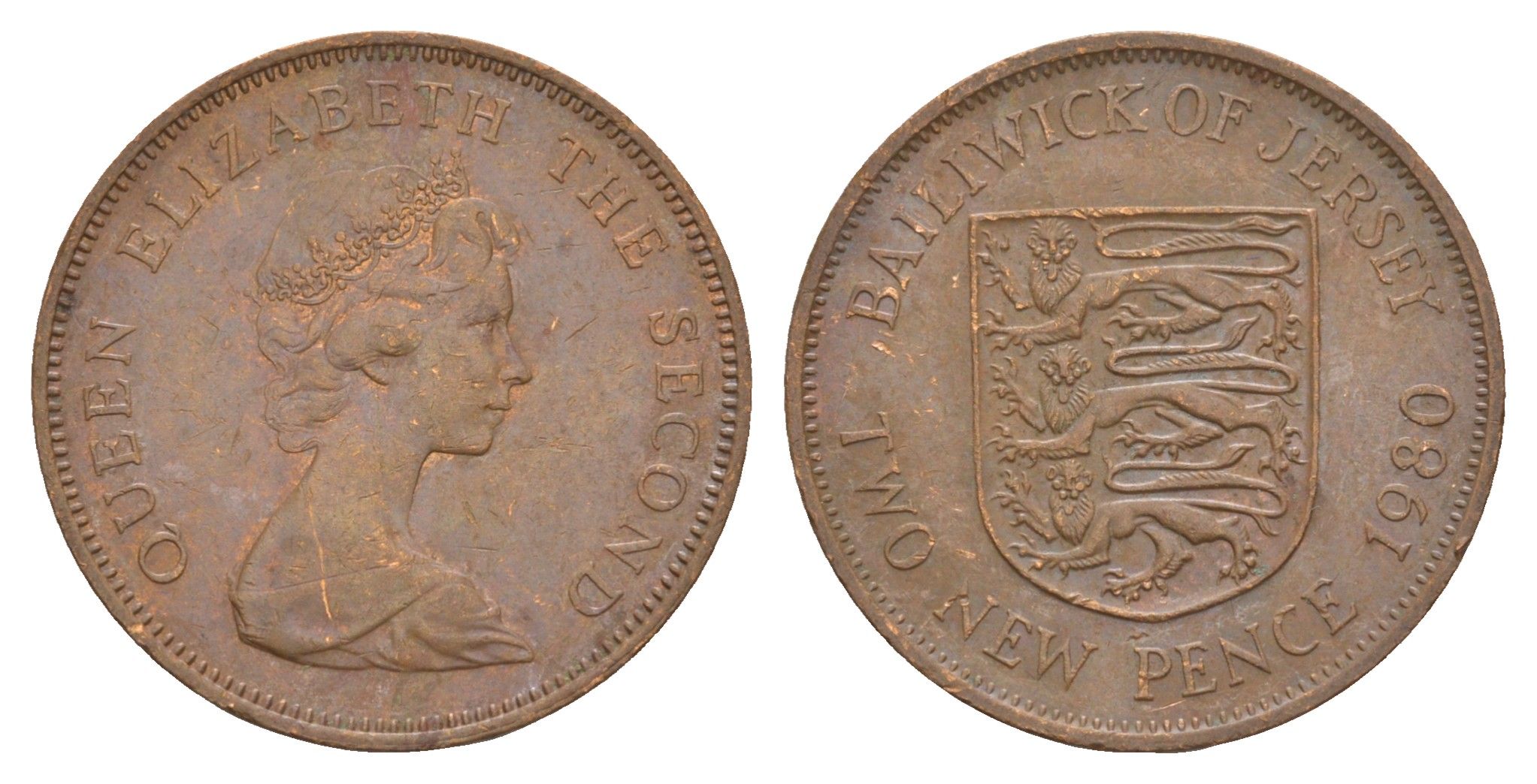 Джерси 2 новых пенса 1980 герб, Елизавета II (1952-2022) KM 31 бронза 4656-1123
