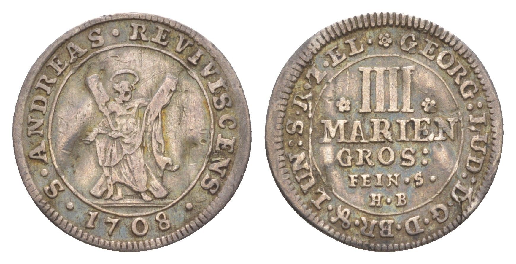 Брауншвейг-Каленберг-Ганновер 4 мариенгроша 1708 HB, Георг I (1698-1727), из коллекции Ричарда Б. Смита Welter 2193, KM 53 серебро 1525-632