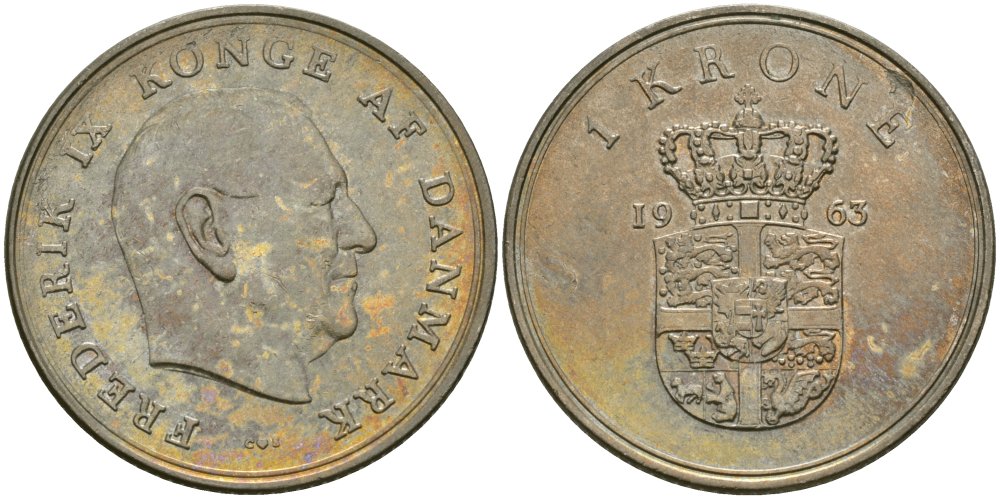 Дания 1 крона 1963 Фредерик IX (1947-1972) KM 851.1 медно-никель 4579-315