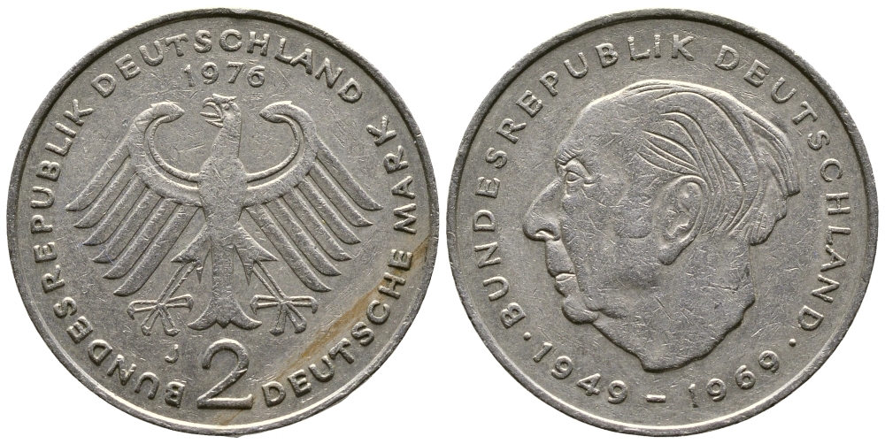 ФРГ 2 МАРКИ 1976 J, ТЕОДОР ХОЙС KM 127, J. 407 медно-никель плакированный никелем 47-744