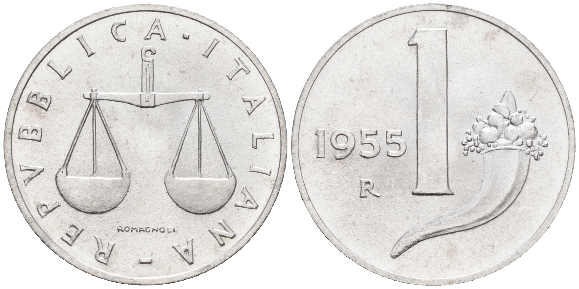 Италия 1 лира 1955 R, весы KM 91 алюминий  UNC  4594-744