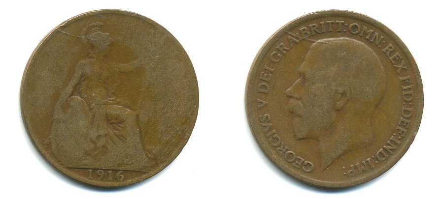 Великобритания 1 пенни 1916 Георг V (1910-1936) КМ 810, Spink 4051 бронза 41-114