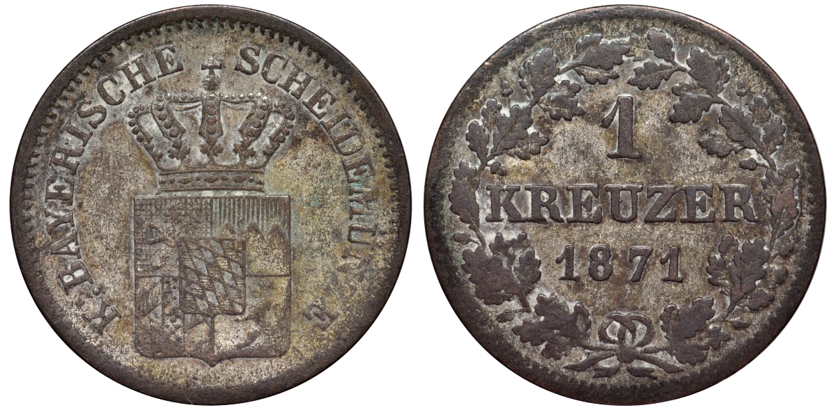 Бавария 1 крейцер 1871 Людвиг II (1864-1886) KM 487 серебро 75-1131
