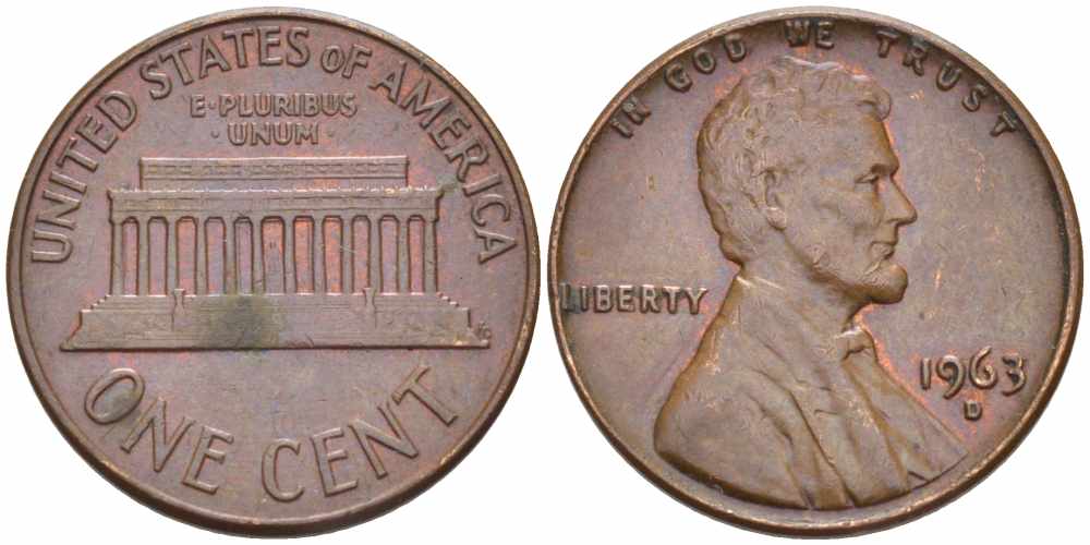 США 1 ЦЕНТ 1963 D, ЛИНКОЛЬН KM 201 медь цинк 105-617