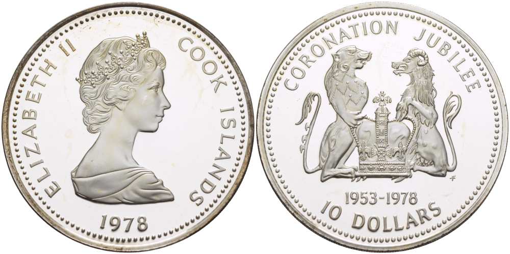 Острова Кука 10 долларов 1978 FM, 25 лет со дня коронации Елизаветы (1953-1978) KM 21 серебро PROOF 1085-7-31
