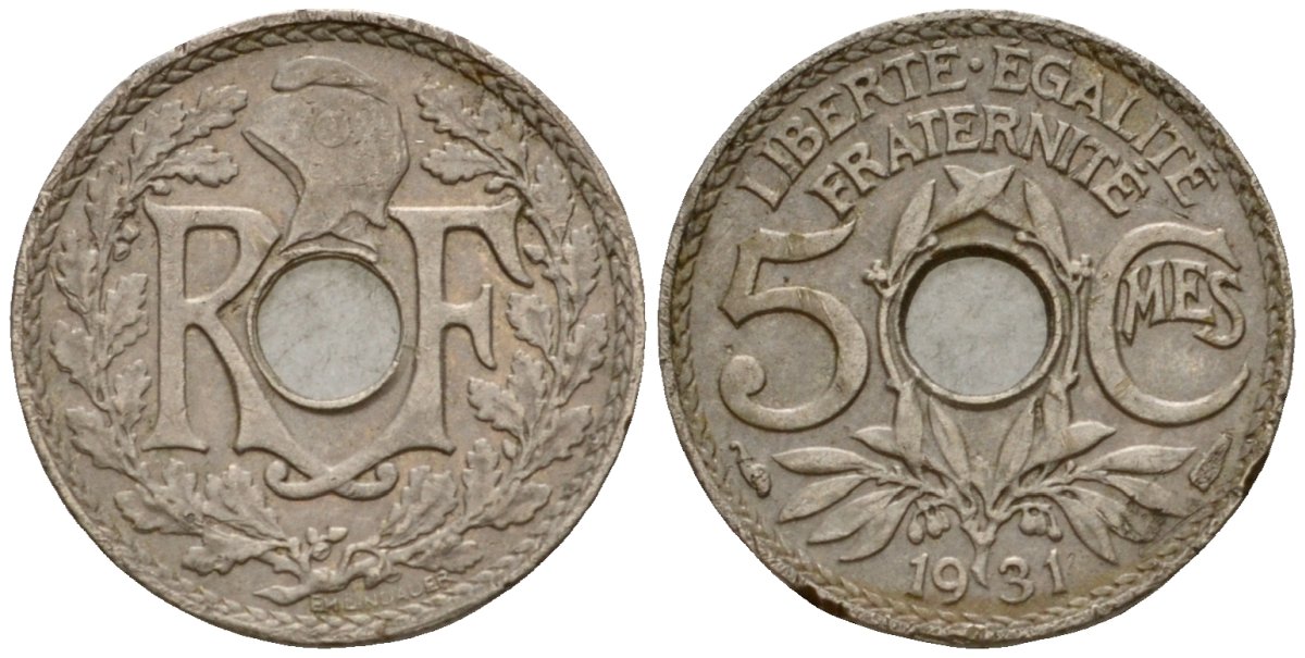 Франция 5 сантимов 1931 тип Линдайё KM 875, Le Franc 122.14 медно-никель 4602-159