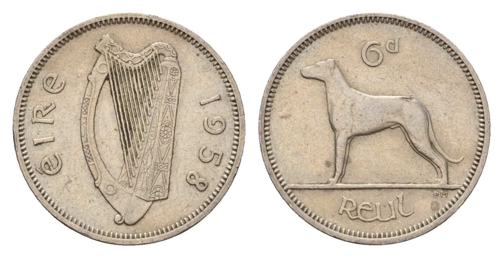 Ирландия 6 пенсов 1958 собака, ирландский волкодав KM 13a медно-никель 4690-335