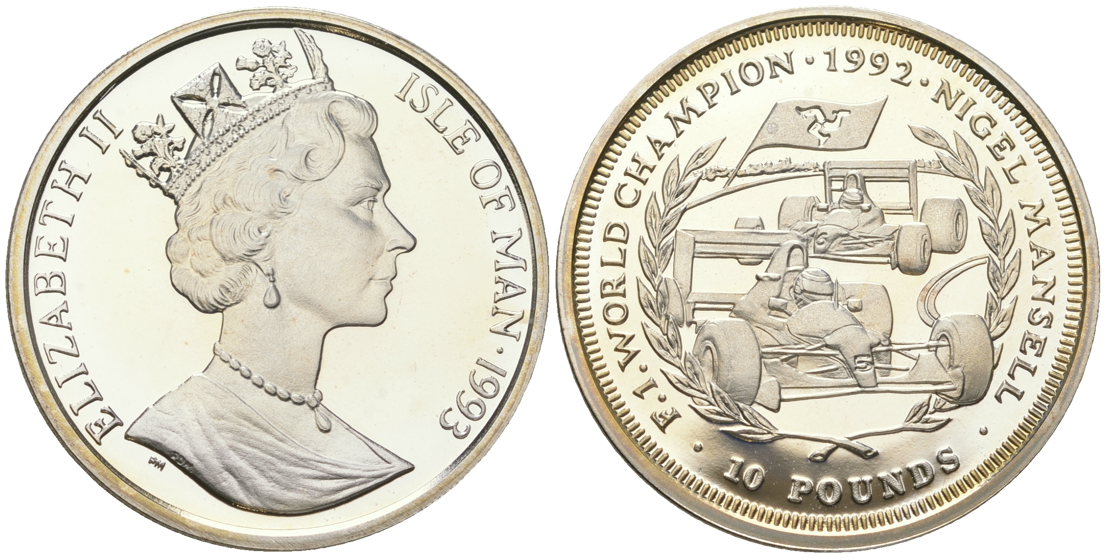 Остров Мэн 10 фунтов 1993 Найджел Мэнселл, чемпион Мировой серии F1, гоночный болид КМ 345 серебро  PROOF  1091-7-62