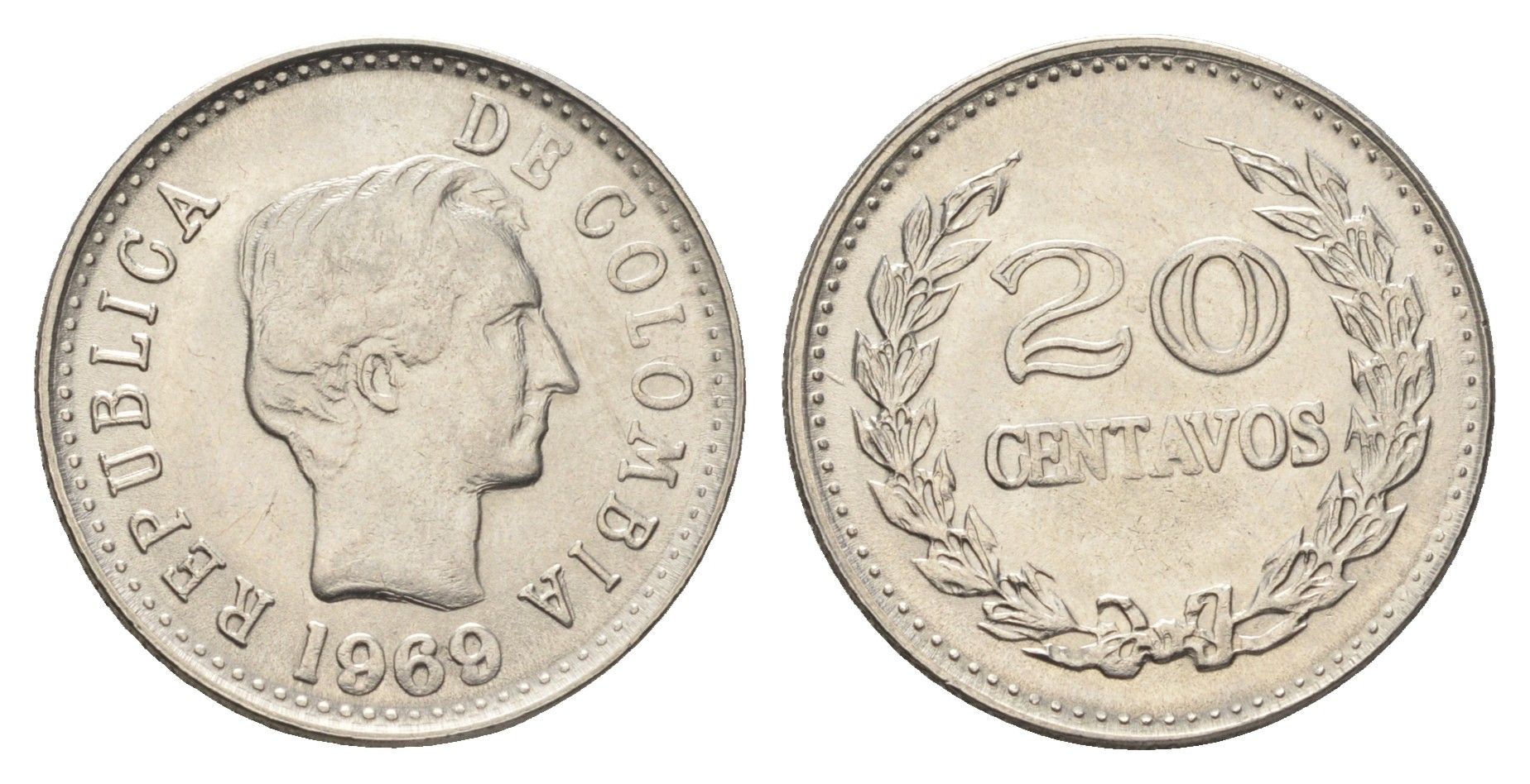 Колумбия 20 сентаво 1969 KM 237 сталь плакированная никелем aUNC 4662-614