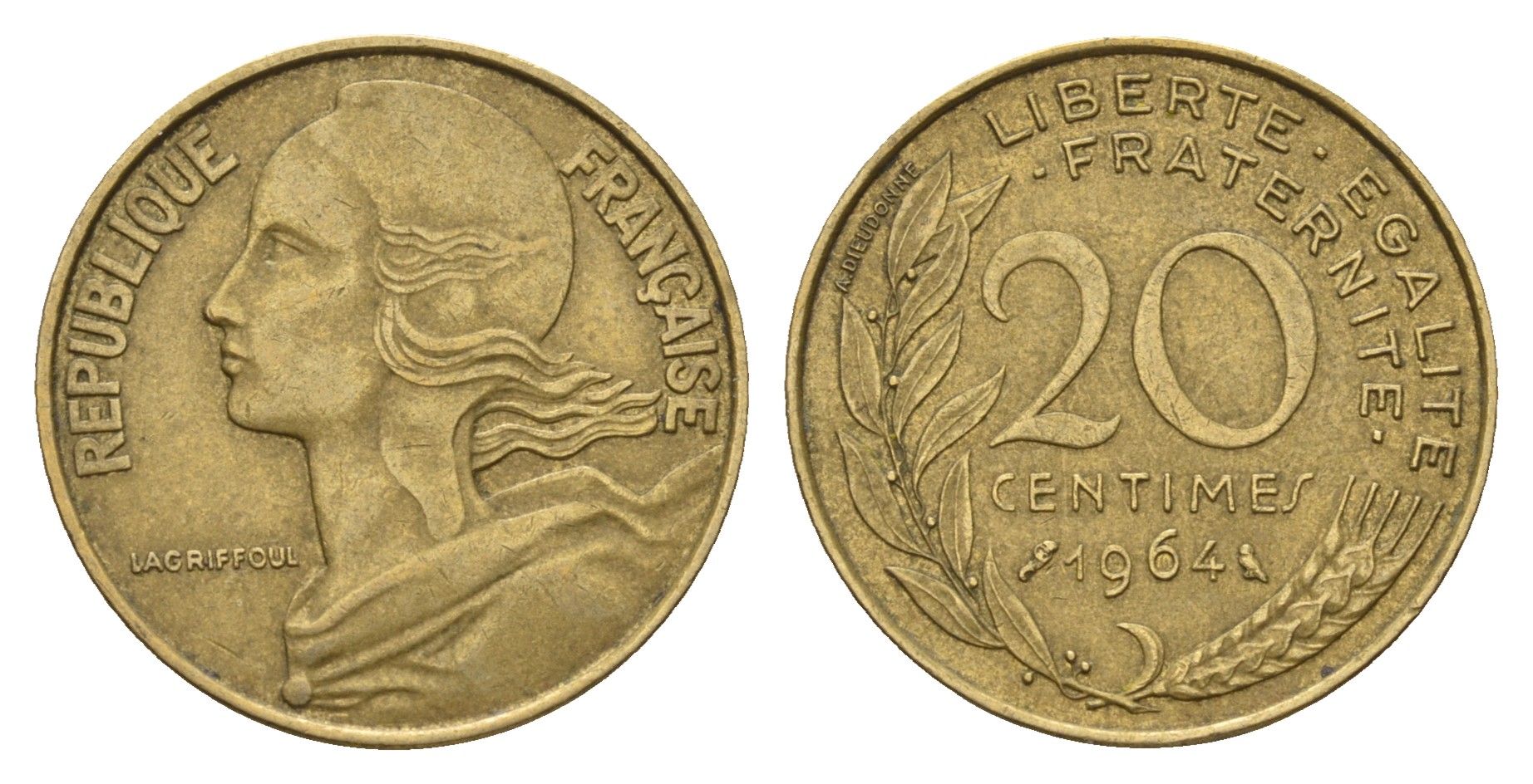 Франция 20 сантимов 1964 KM 930 алюминиевая бронза 3336-946