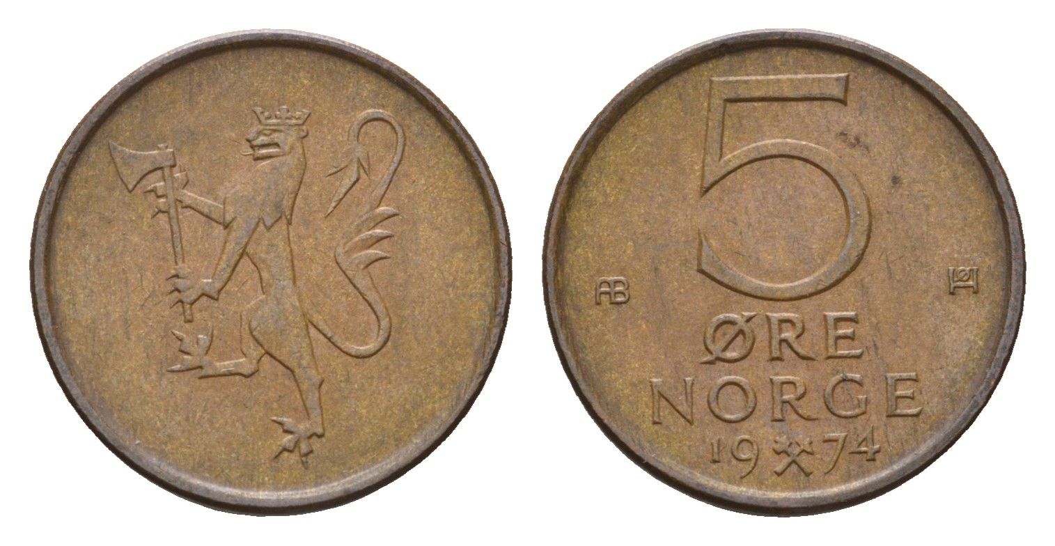 Норвегия 5 эре 1974 Улаф V (1957-1991) KM 415 бронза 4684-1227