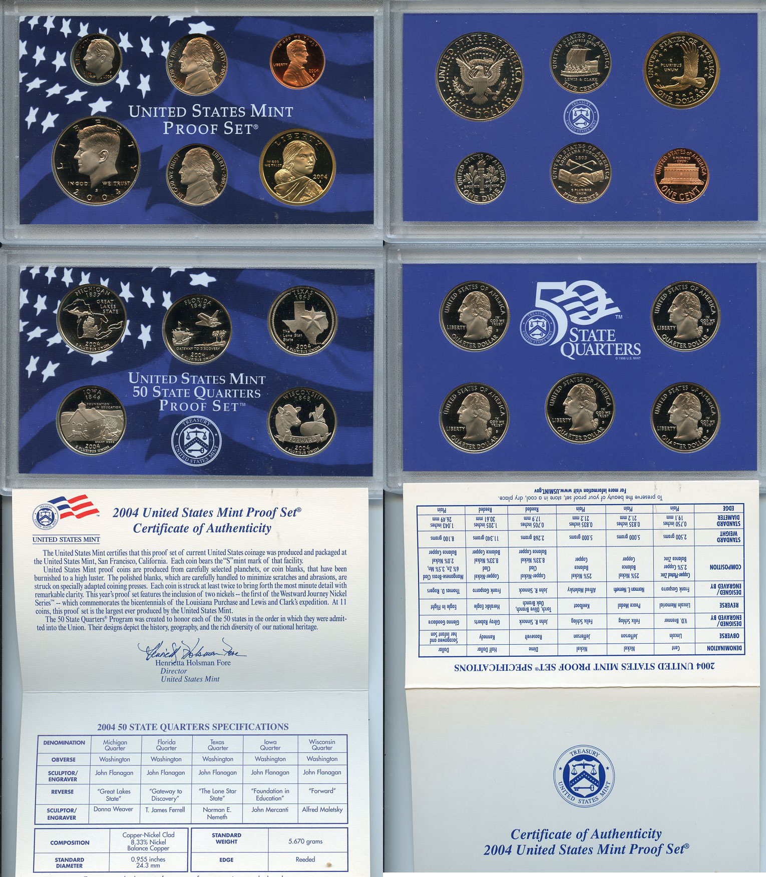 США официальный набор из 10 монет, в 2 пластиковых сетах 2004 годовой набор и юбилейные монет 25 центов, в оригинальной коробке, сертификат KM PS 212   PROOF  8-2-04-32