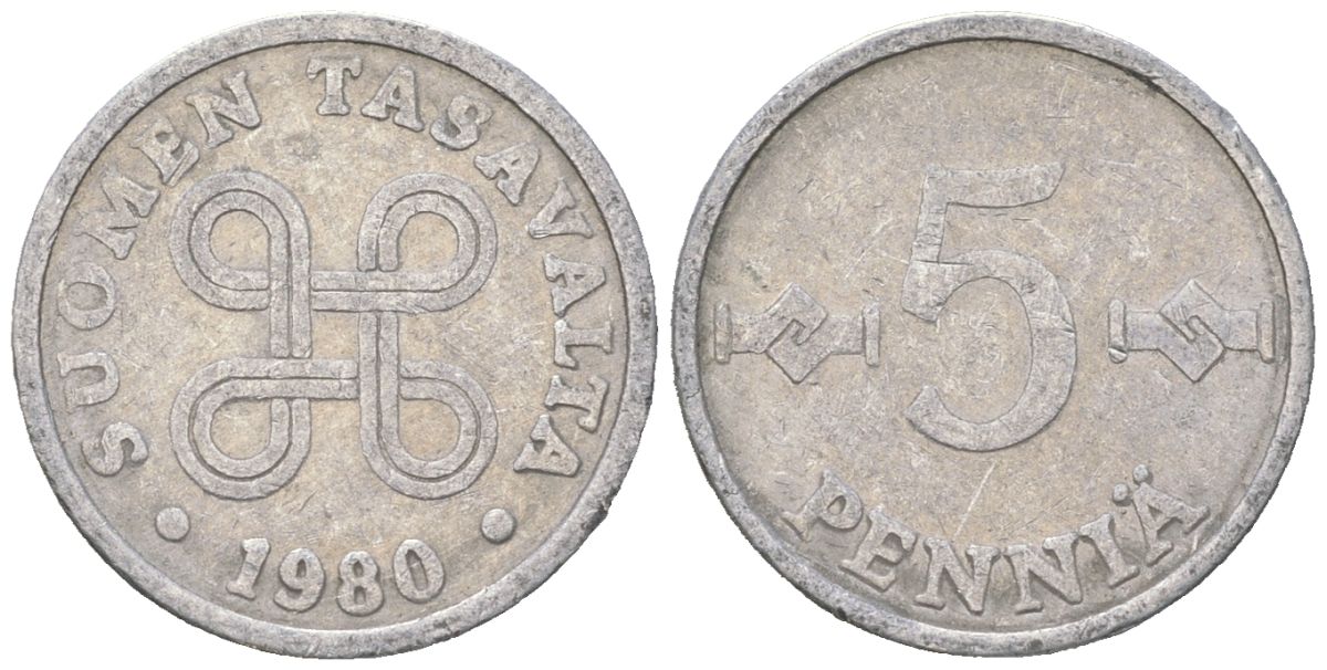Финляндия 5 пенни 1980 KM 45a алюминий 4618-222
