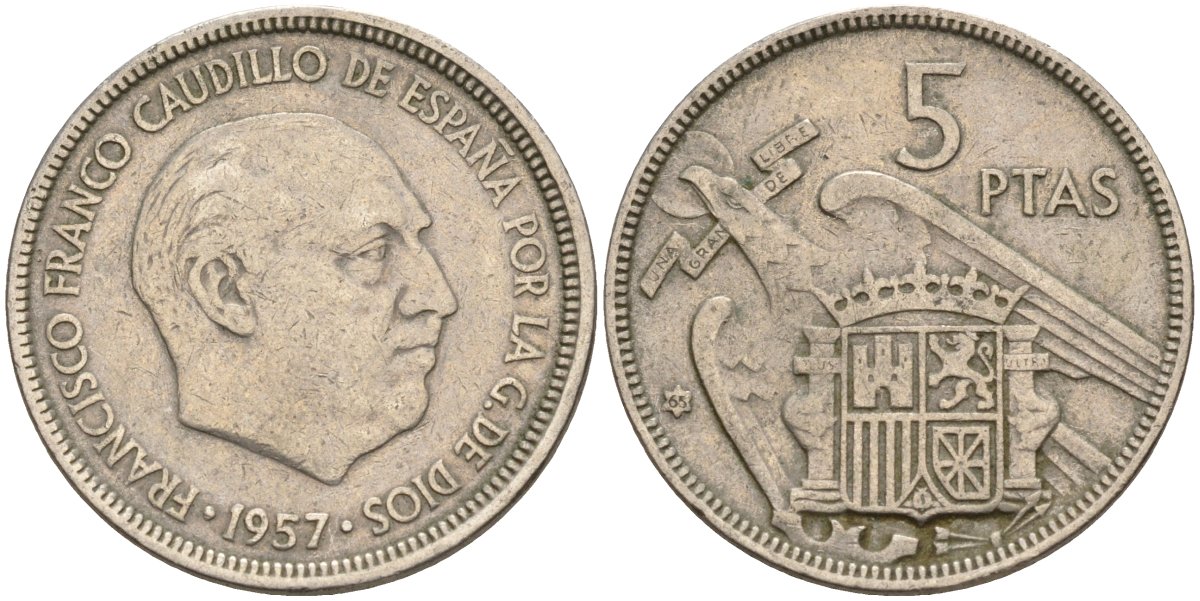 Испания 5 песет 1957 (65) Франсиско Франко (1939 - 1975) KM 786 медно-никель 4155-543