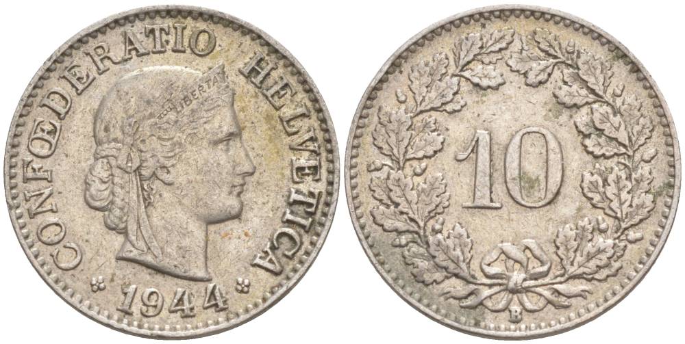 ШВЕЙЦАРИЯ 10 РАППЕНОВ 1944 В KM 27 медно-никель 201-435