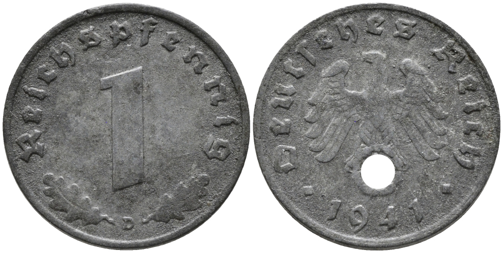 ГЕРМАНИЯ 1 РЕЙХСПФЕННИГ 1941 D KM 97, J.369 цинк 96-669