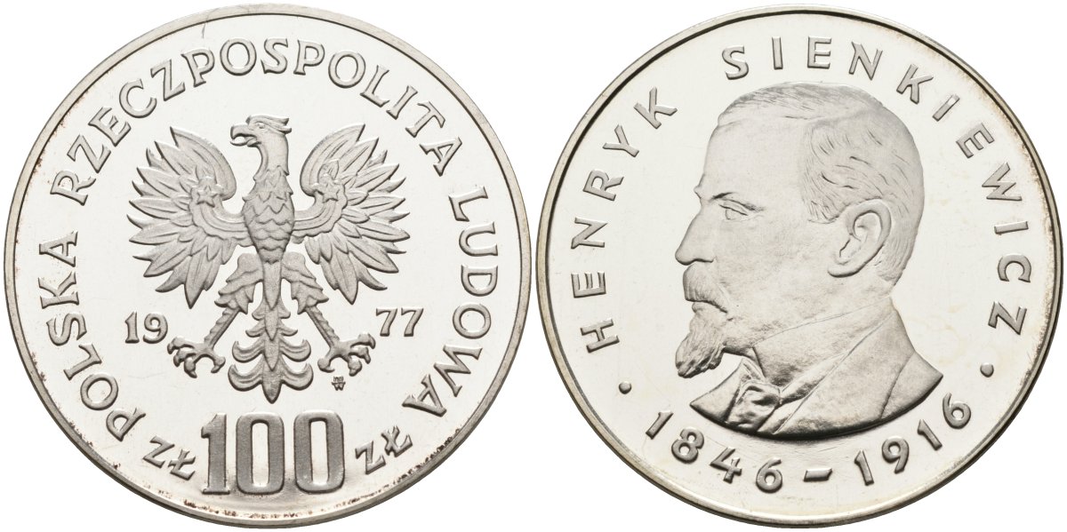 Польша 100 злотых 1977 MW, Генрик Сенкевич (1846-1916) KM 88, Parchimowicz 277 серебро PROOF 05-141-11