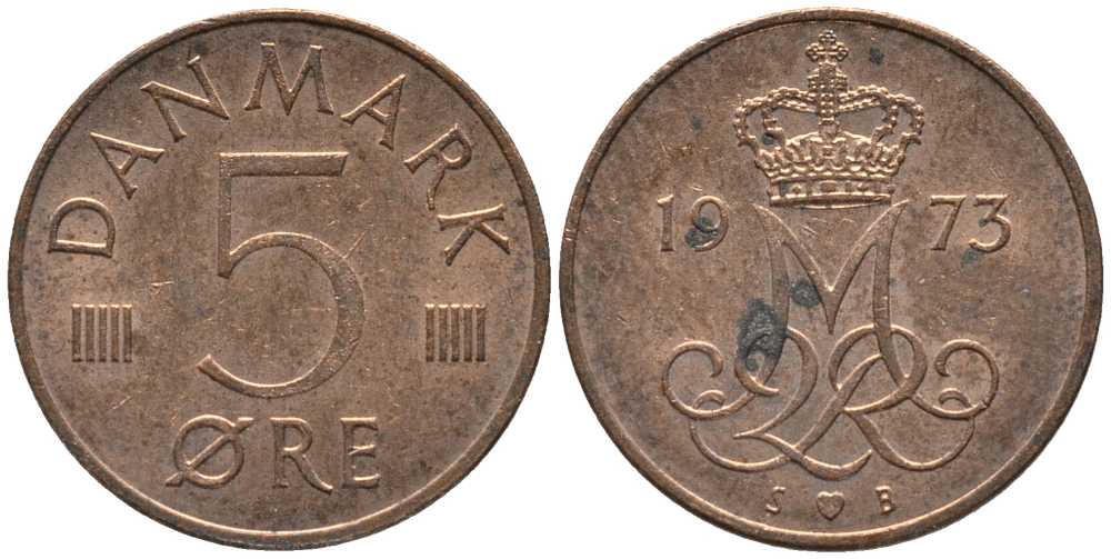 Дания 5 эре 1973 S; B, Маргрете II (1972- ) KM 859.1 железо плакированное медью 116-141