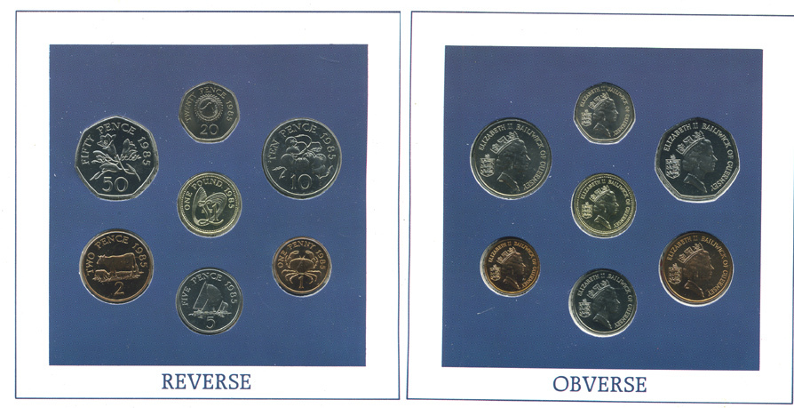 Гернси набор из 7 монет 1985 официальный набор, в оригинальном картонном буклете BUNC 1-4-1-13