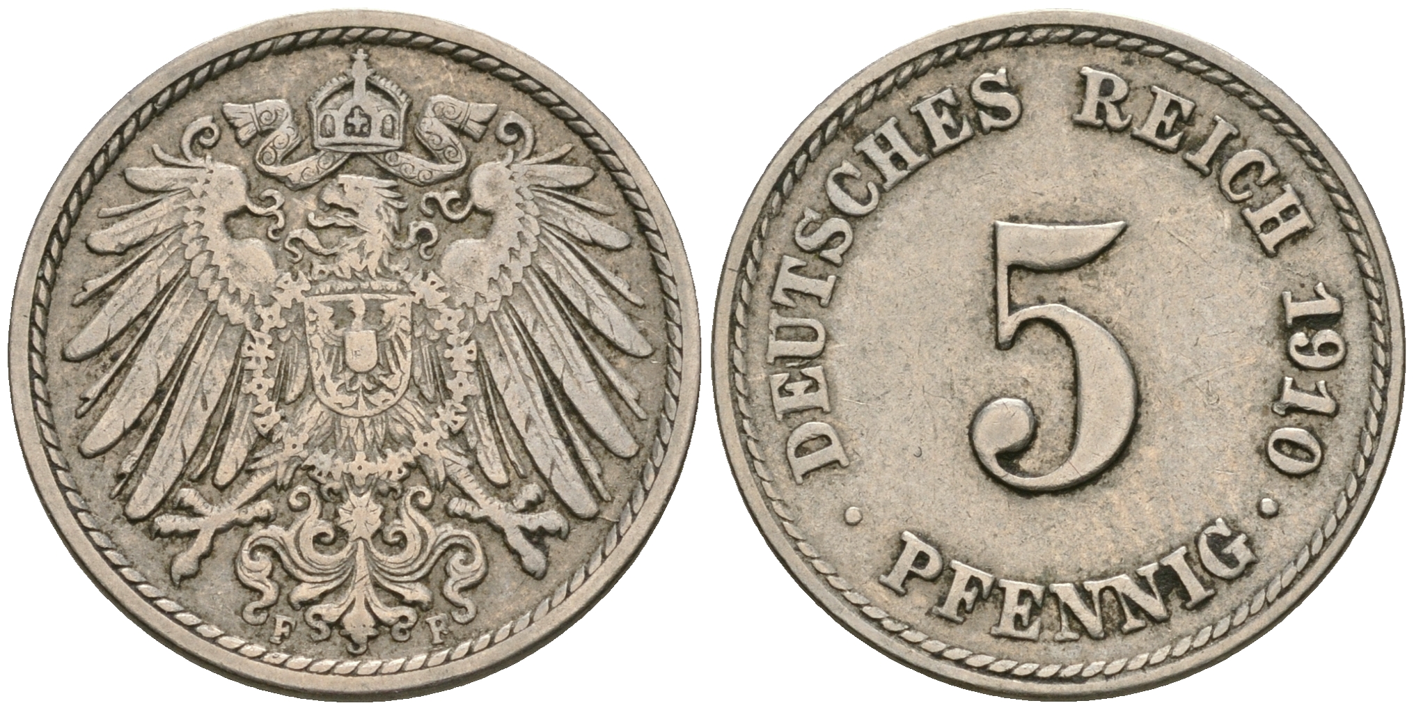 Германия 5 пфеннигов 1910 F KM 11, Jager 12, Weege 6 медно-никель 4608-937