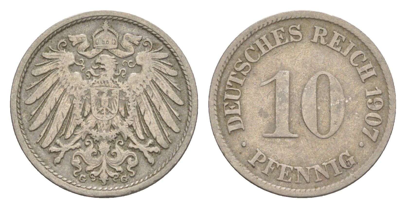 Германия 10 пфеннигов 1907 J, Вильгельм II (1888-1918) KM 12, J. 13 медно-никель 4644-1165
