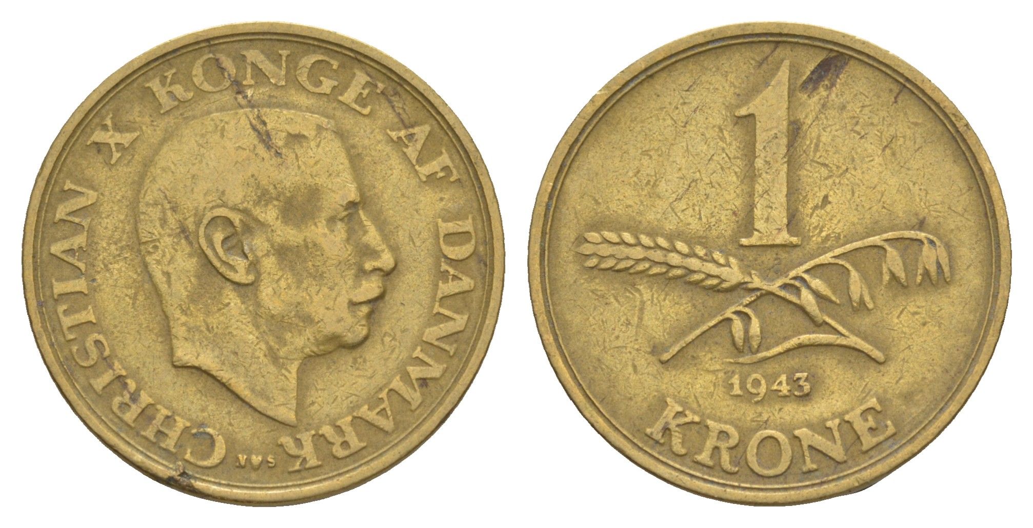 Дания 1 крона 1943 N, Кристиан X (1912-1947) KM 835 алюминиевая бронза 4638-651