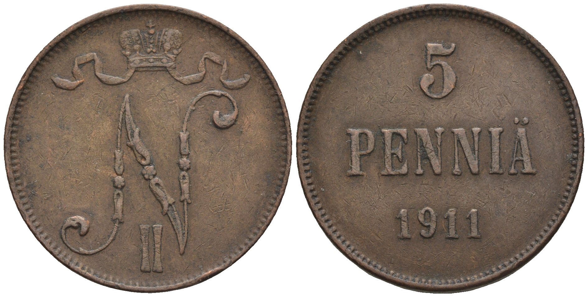 Россия для Финляндии 5 пенни 1911 Николай II (1894-1917) KM 15, Биткин 451 медь 85-323