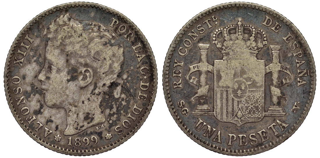 Испания 1 песета 1899 (99) SG-V, Альфонсо XIII (1886-1931) KM 706 (Y88) серебро 4566-627