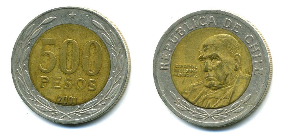 Чили 500 песо 2001 кардинал Рауль Сильва Энрикес (1907-1999) KM 235 биметалл 41-633