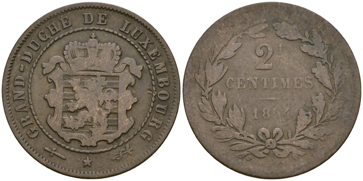 Люксембург 2 1/2 сантима 1854 u, Герцог Виллем III Нидерландский (1849-1890), мондвор Утрехт KM 21 бронза 53-1116