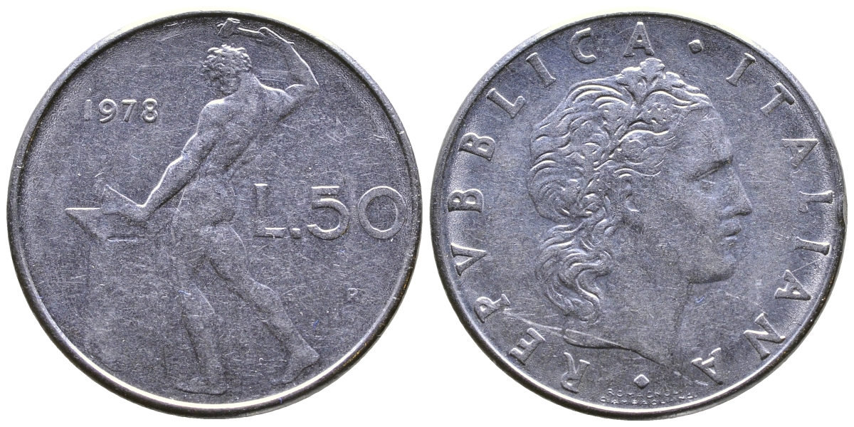 Италия 50 лир 1978 R, Вулкан (древнеримский бог огня) KM 95.1 нержавеющая сталь 4681-143