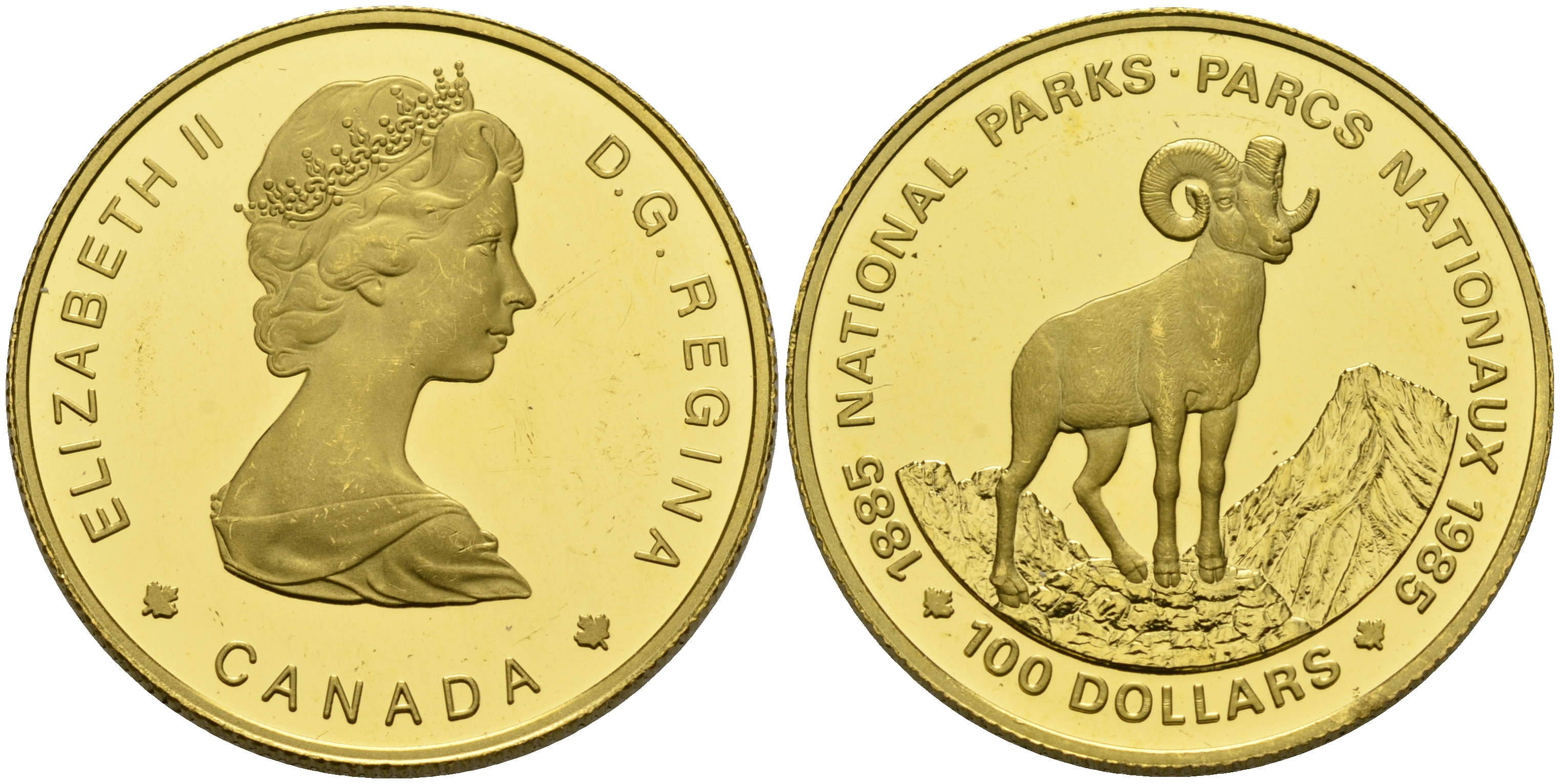 Канада 100 долларов 1985 Национальные парки, толсторог (баран) KM 144 золото PROOF 10-017-33