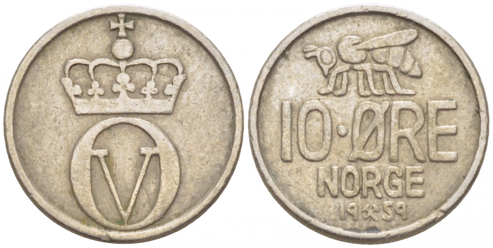 НОРВЕГИЯ 10 ЭРЕ 1959 ПЧЕЛА, ПЕРВЫЙ ГОД KM 411 медно-никель 3309-736