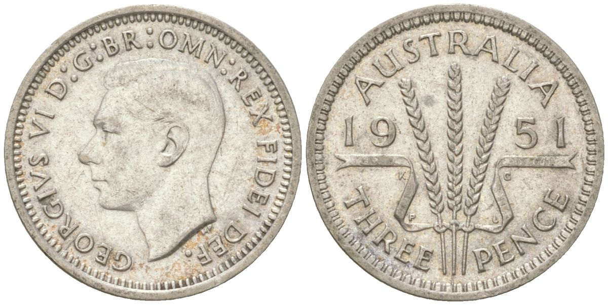 Австралия 3 пенса 1951 PL, Георг V (1936-1952) KM 44 серебро 4621-1221