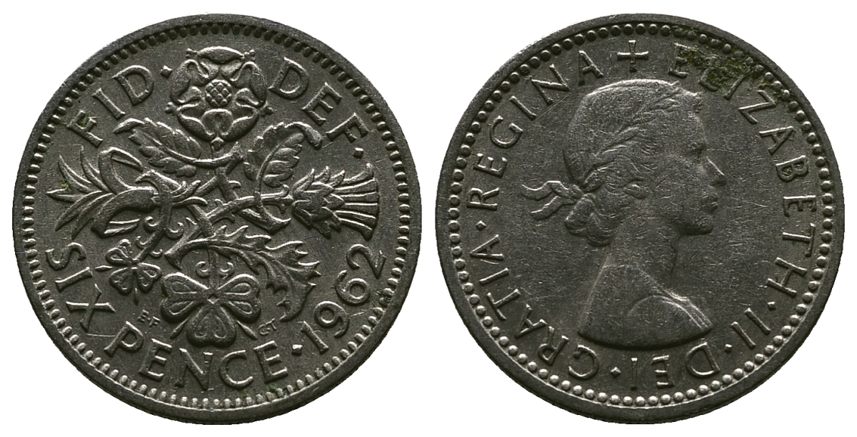 Великобритания 6 пенсов 1962 Елизавета II (1952-2022) KM 903, Spink 4149 медно-никель 4381-745
