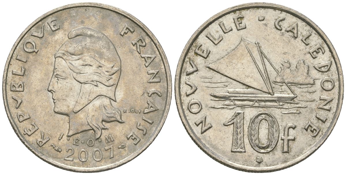Французская Новая Каледония 10 франков 2007 рыбачья парусная лодка, (IEOM) KM 11a, Schoen 13a, Lec 99k медно-никель 56-1126