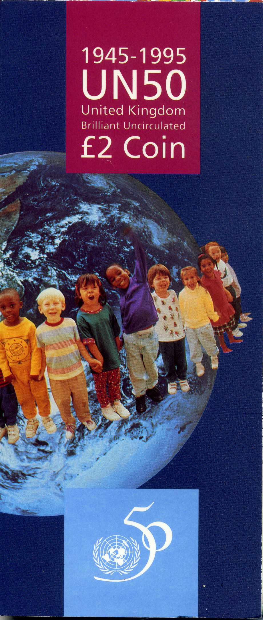 Великобритания 2 фунта 1995 Елизавета II (1952-2022), 50 лет ООН, в оригинальном картонном буклете KM 971, Spink 4316 (K6) никель латунь BUNC 00-00